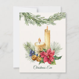 Cartão De Festividades Poinsettia, velas, pinheiro, sinos Véspera de Nata