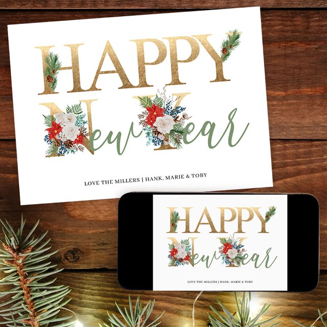 Cartão De Festividades Poinsettia Verde Dourada feliz ano novo e pinheiro (Happy New Year holiday card available professionally printed or as printable digital download)