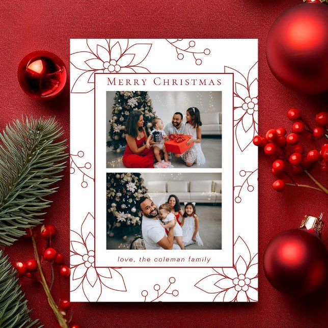 Cartão De Festividades Poinsettia Vermelha Simples Moderna Duas Fotografi (Criador carregado)
