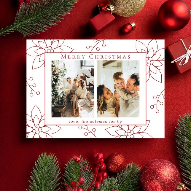 Cartão De Festividades Poinsettia Vermelha Simples Moderna Duas Fotografi (Criador carregado)
