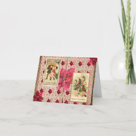 Cartão De Festividades Poinsettia vintage com pássaros e crianças