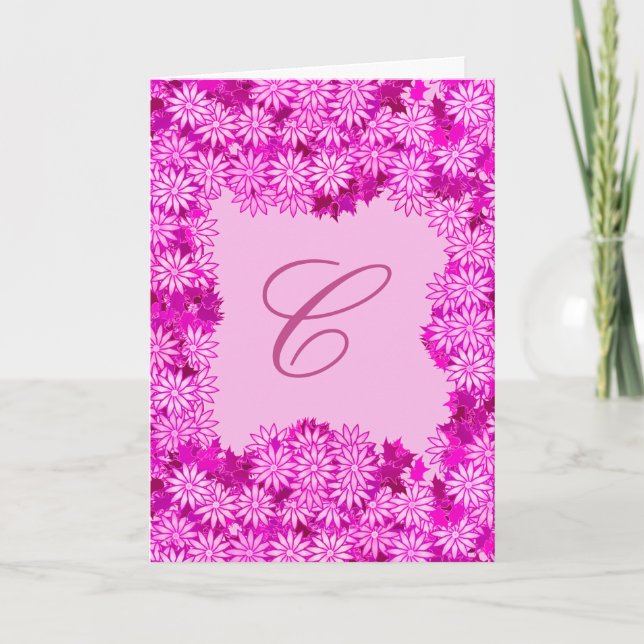 Cartão De Festividades Poinsettia Wreath com Monograma, Fuchsia Rosa (Frente)