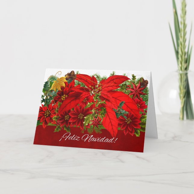 Cartão De Festividades Poinsettias de Natal Espanhol, Feliz Navidad! (Frente)