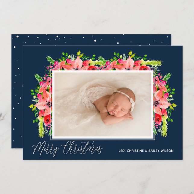 Cartão De Festividades Poinsettias Foto Natal (Frente/Verso)