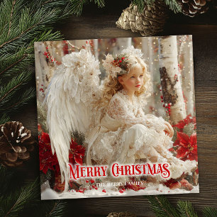 Cartão De Festividades poinsettias vermelhas de anjo vitoriano elegantes 