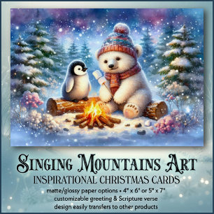 Cartão De Festividades Polar Bear e Penguin Campfire Natal Cristão