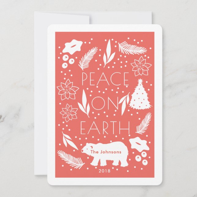 Cartão De Festividades Polar Bear Peace on Earth Red Christmas Card (Frente)