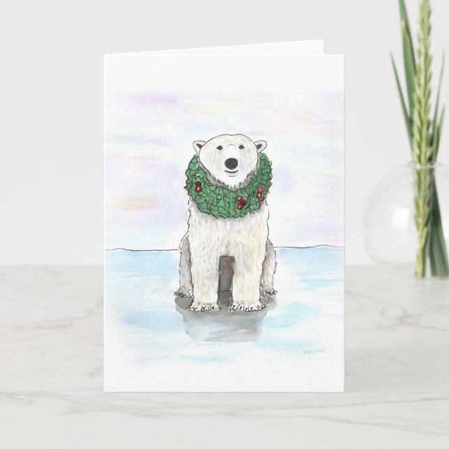 Cartão De Festividades Polar Bear with Holiday Wreath (Frente)