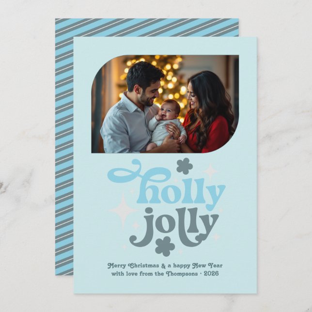 Cartão De Festividades Polar Glow Modern Blue Christmas Photo (Frente/Verso)