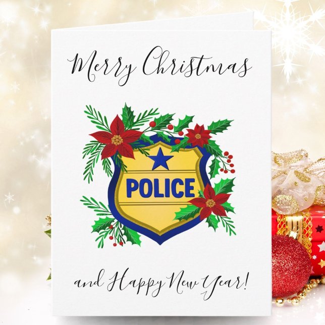 Cartão De Festividades Polícia Feliz Natal & Feliz Ano Novo Escudo (Criador carregado)