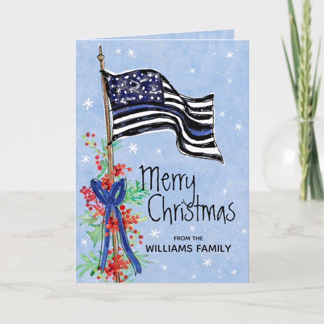 Cartão De Festividades Policial Fino Bandeira Azul Holly Feliz Natal (Frente)