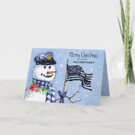 Cartão De Festividades Policial Fino Blue Line Flag Feliz Natal Snowman