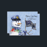 Cartão De Festividades Policial Fino Blue Line Flag Feliz Natal Snowman<br><div class="desc">Esta carta festiva de Natal para a polícia e a polícia mostra um boneco de neve vestindo um chapéu policial e um carregando azul xadrez uma fina linha azul bandeira americana decorada com frutas vermelhas festivas. Personalize com seu nome e saudação. Projetado pelo famoso artista mundial Tim Coffey.</div>