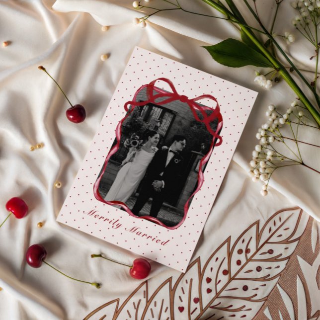 Cartão De Festividades Polka Dot Bow Photo Merrily Married Couple Wedding (Criador carregado)