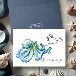 Cartão De Festividades Polvo Azul Aquarela Natal Praia