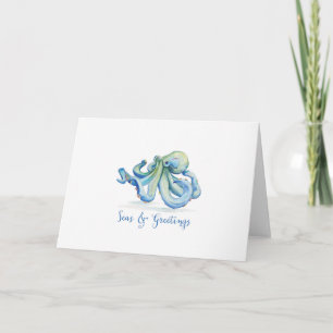 Cartão De Festividades Polvo de Aquarela Azul Costeira e Saudações