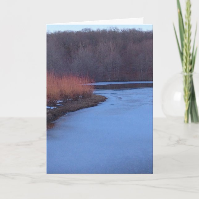 Cartão De Festividades Pond Azul de Gelo e Bushes Vermelhos - (Frente)