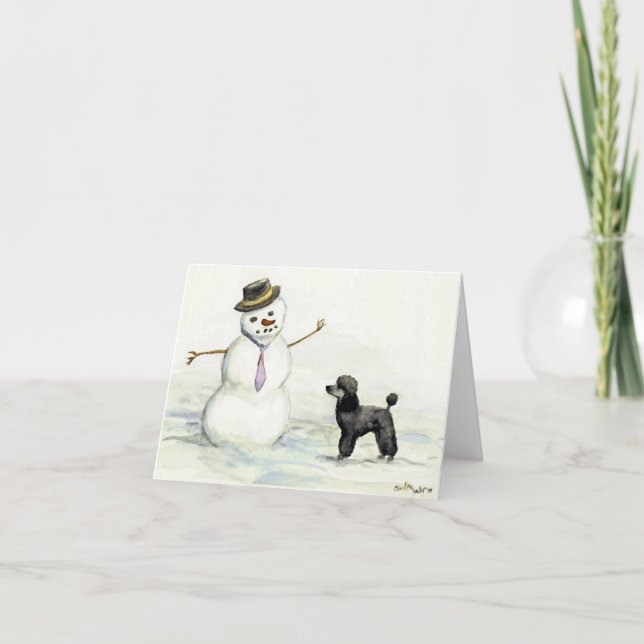 Cartão De Festividades "Poodle Meets Snowman" Dog Art Card (Frente)