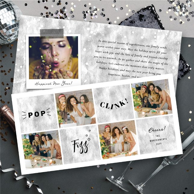 Cartão De Festividades Pop Fizz Clink Novo Ano Bloqueia 4 Colagem de Foto (Pop Fizz Clink New Year Blocks 4 Photo Collage Holiday Card @ fat_fa_tin)