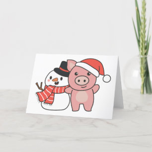 Cartão De Festividades Porco Com Boneco de Neve No Inverno Para O Natal