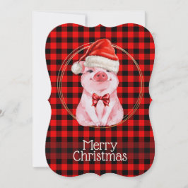 Cartão De Festividades Porco de Natal Bonito com Plaid Búfalo Vermelho Di