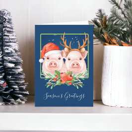 Cartão De Festividades Porcos Papai Noel e Casal de Rena Natal