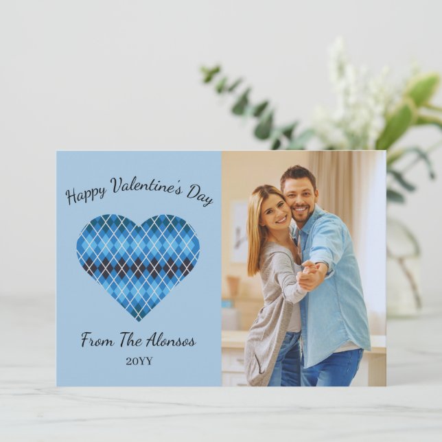 Cartão De Festividades Posh Argyle Heart Dark Blue (Light Blue) Namorados (Em pé/Frente)