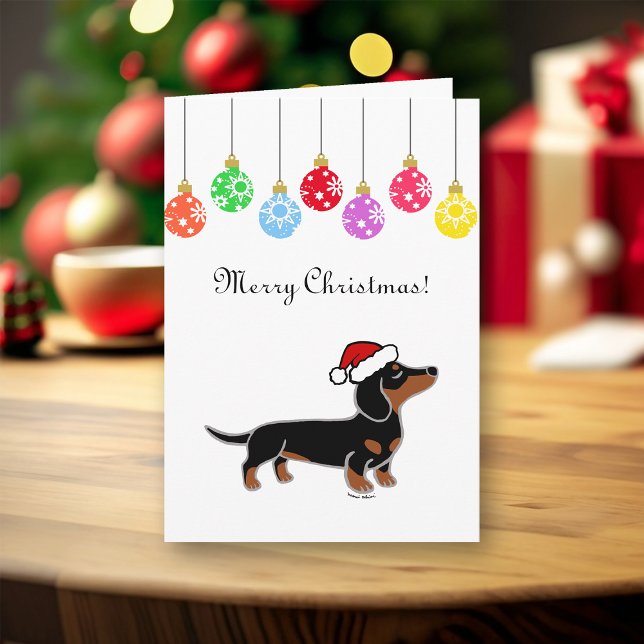 Cartão De Festividades Posicionamento de Natal de Black e Tan Dachshund (Black and Tan Dachshund Posing Design Christmas Cards for Dachshund Owners.  Cute Cartoon Style.)