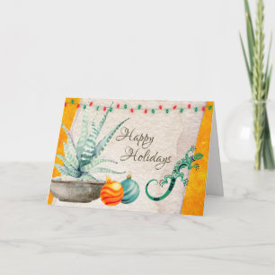 Cartão De Festividades Potted Cactus, Gecko and Christmas Ornaments