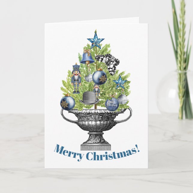 Cartão De Festividades Potted Christmas Tree with Blue Ornaments (Frente)