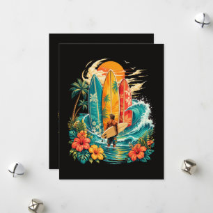 Cartão De Festividades Prancha de Surf da Onda da Praia Havaiana Vintage