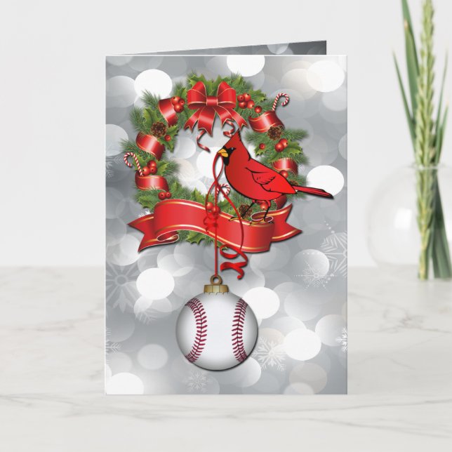 Cartão De Festividades Prata Bokeh Baseball Frota de Natal com Red B (Frente)