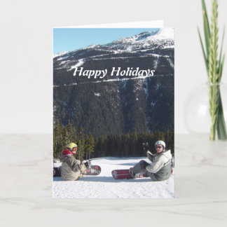 Cartão De Festividades Praticantes de snowboard com uma vista panorâmica
