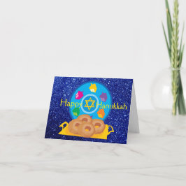 Cartão De Festividades Prato de Hanukkah com Dreidels Brilho Azul Falso
