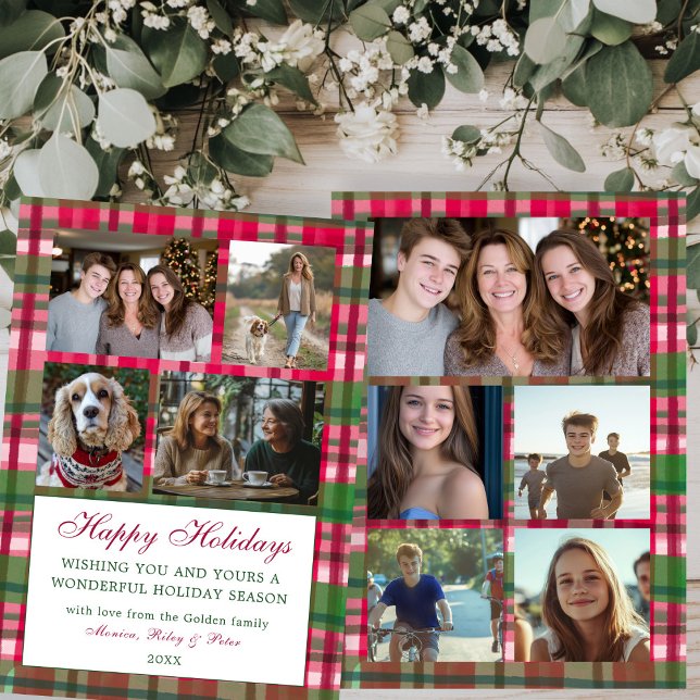 Cartão De Festividades Pré-disquete de Colagem de Fotografias Personaliza (Chic Handmade Watercolor Plaid Pattern Christmas Custom 9 Photo Collage Preppy Holiday Card
)