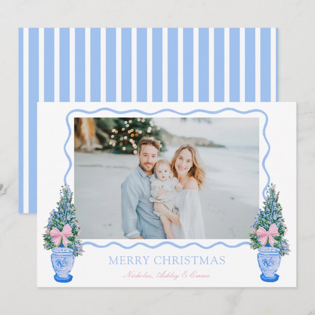 Cartão De Festividades Pré-ppy Blue Chinoiserie Árvore de Natal Ginger Ja (Frente/Verso)