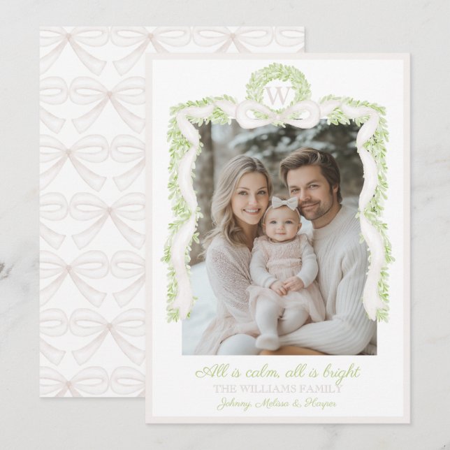 Cartão De Festividades Preppy Grandmillennial Arco de Fita Rosa  (Frente/Verso)