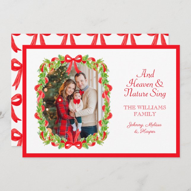 Cartão De Festividades Preppy Grandmillennial Red Arcos Ribbon Garland (Frente/Verso)