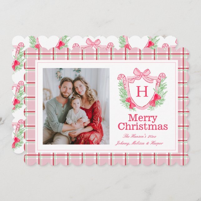 Cartão De Festividades Preppy Monograma Watercolor Wreath Holly (Frente/Verso)