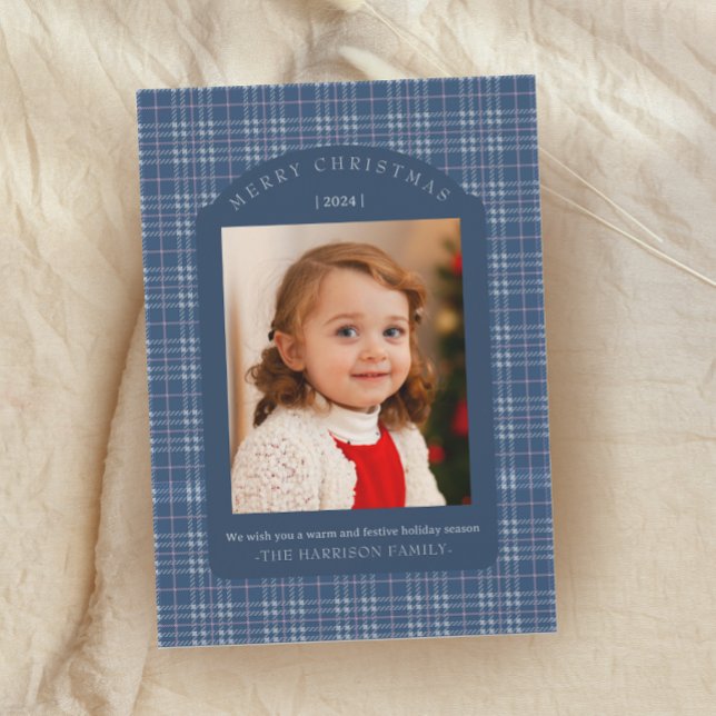 Cartão De Festividades Preppy Pink and Blue Plaid Classic Christmas Card (Criador carregado)