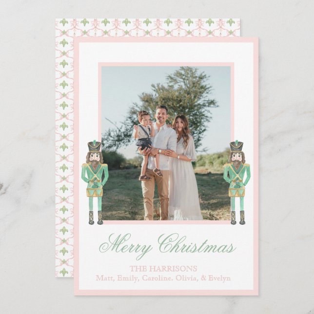 Cartão De Festividades Preppy Pink Green Christmas Nutcracker 2 Photos  (Frente/Verso)