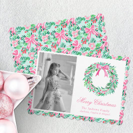 Cartão De Festividades Preppy Pink & Green Palm Beach Wreath Photo