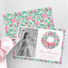 Cartão De Festividades Preppy Pink & Green Palm Beach Wreath Photo