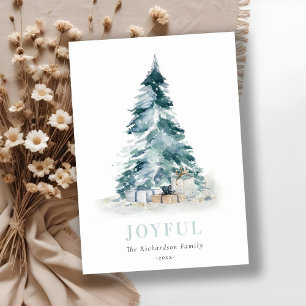 Cartão De Festividades Presente Árvore de Natal Pinheiro Aquarela Alegre