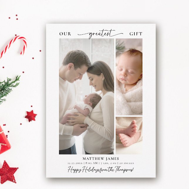 Cartão De Festividades Presente de Natal Acima de Simples Moderno Bebê 3  (greatest gift baby christmas card minimalist simple elegant 3 photos calligraphy christian spiritual)