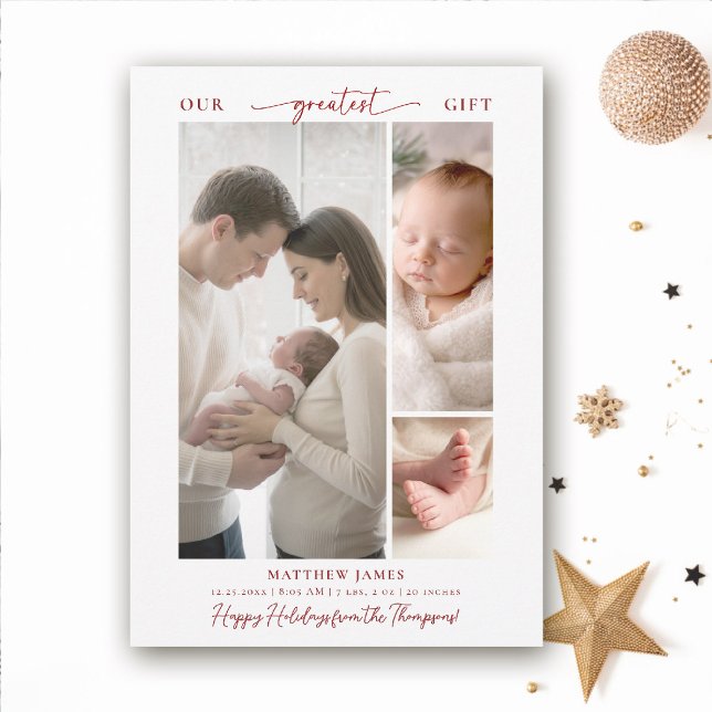 Cartão De Festividades Presente de Natal Acima do Elegante Simple Baby 3  (greatest gift baby christmas card minimalist simple elegant 3 photos calligraphy christian red)