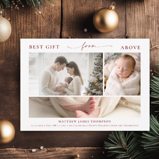 Cartão De Festividades Presente de Natal Acima do Moderno Elegante Bebê 3 (best gift from above baby christmas card minimalist simple elegant 3 photos calligraphy christian)