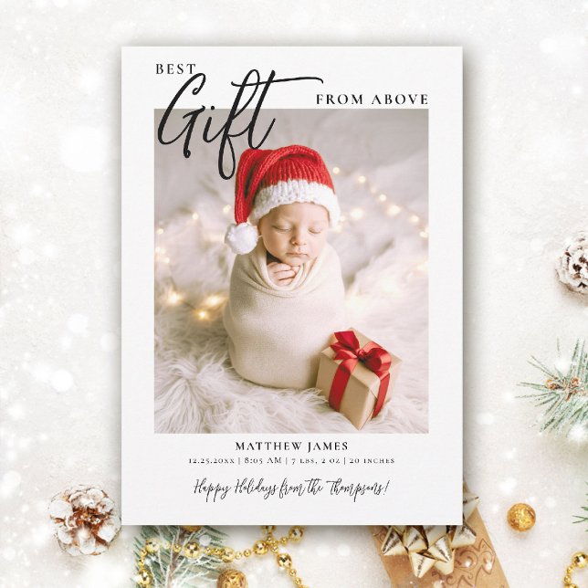 Cartão De Festividades Presente de Natal Caligrafia Moderno Bebê Fofo Fot (best gift from above baby christmas card minimalist simple photo calligraphy elegant cute)