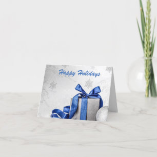 Cartão De Festividades Presente Elegante de Prata com Fita Azul Neve de P