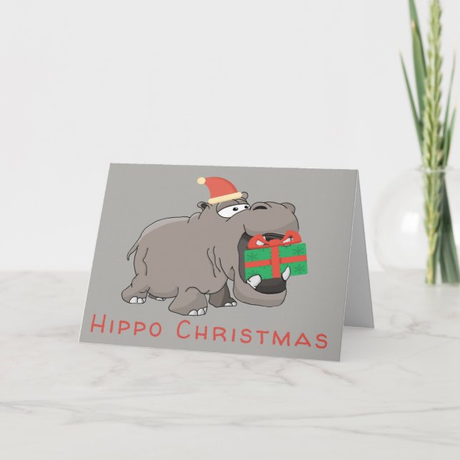 Cartão De Festividades Presente Verde de Hippo Natal (Frente)